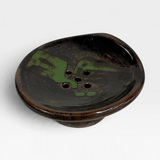Soap Dish - Tenmoku, Black, Green Brush