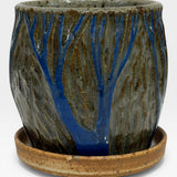 Planter, mini - blue iron sgraffito trees