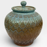 Lidded Jar, Aztec Design - shino, seamist, opal