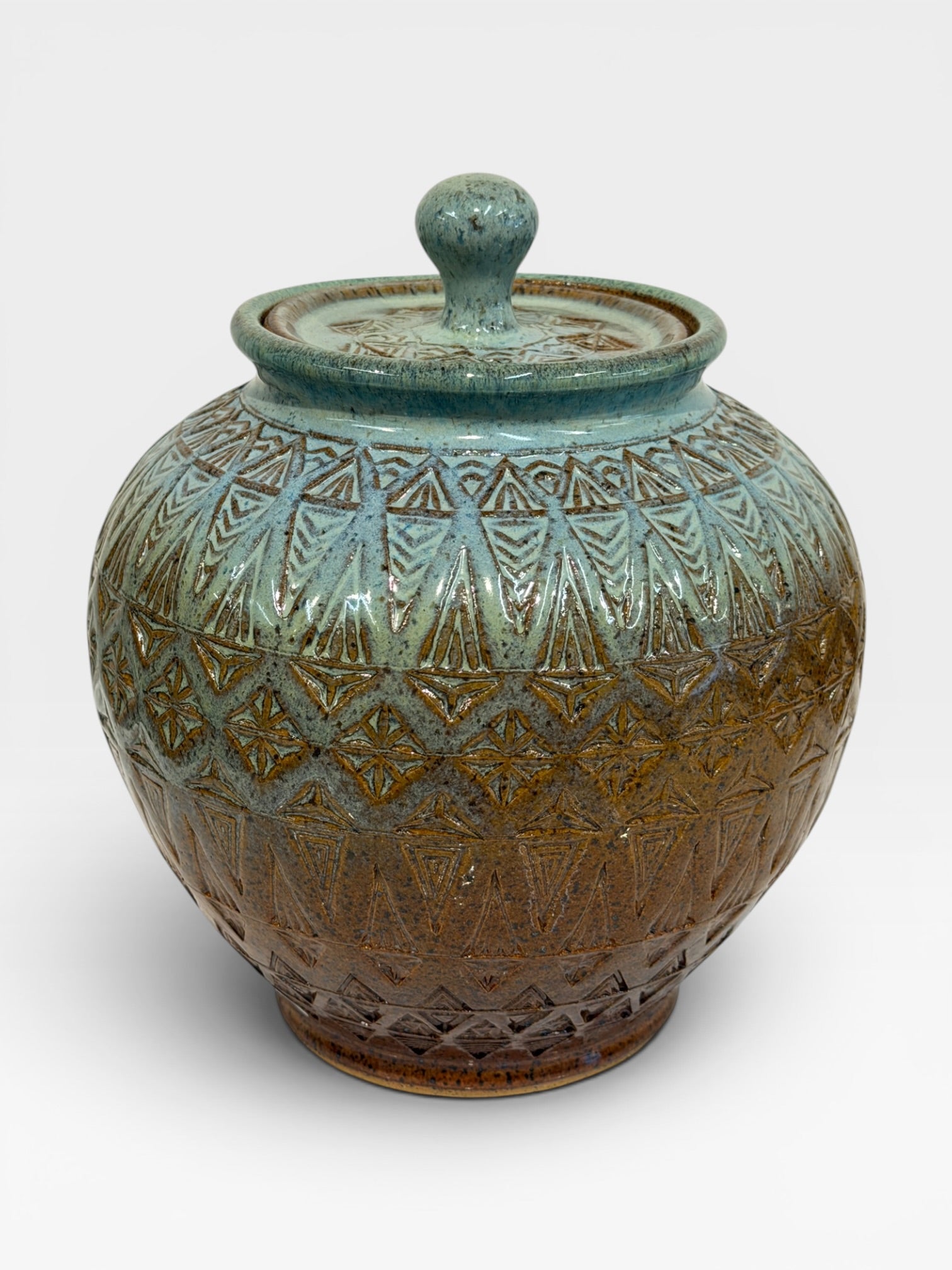 Aztec Jars Lidded Jar, Aztec Design - shino, seamist, opal – 45 Degree