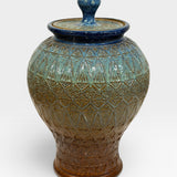 Tall Lidded Jar, Aztec Design - shino, seamist, opal
